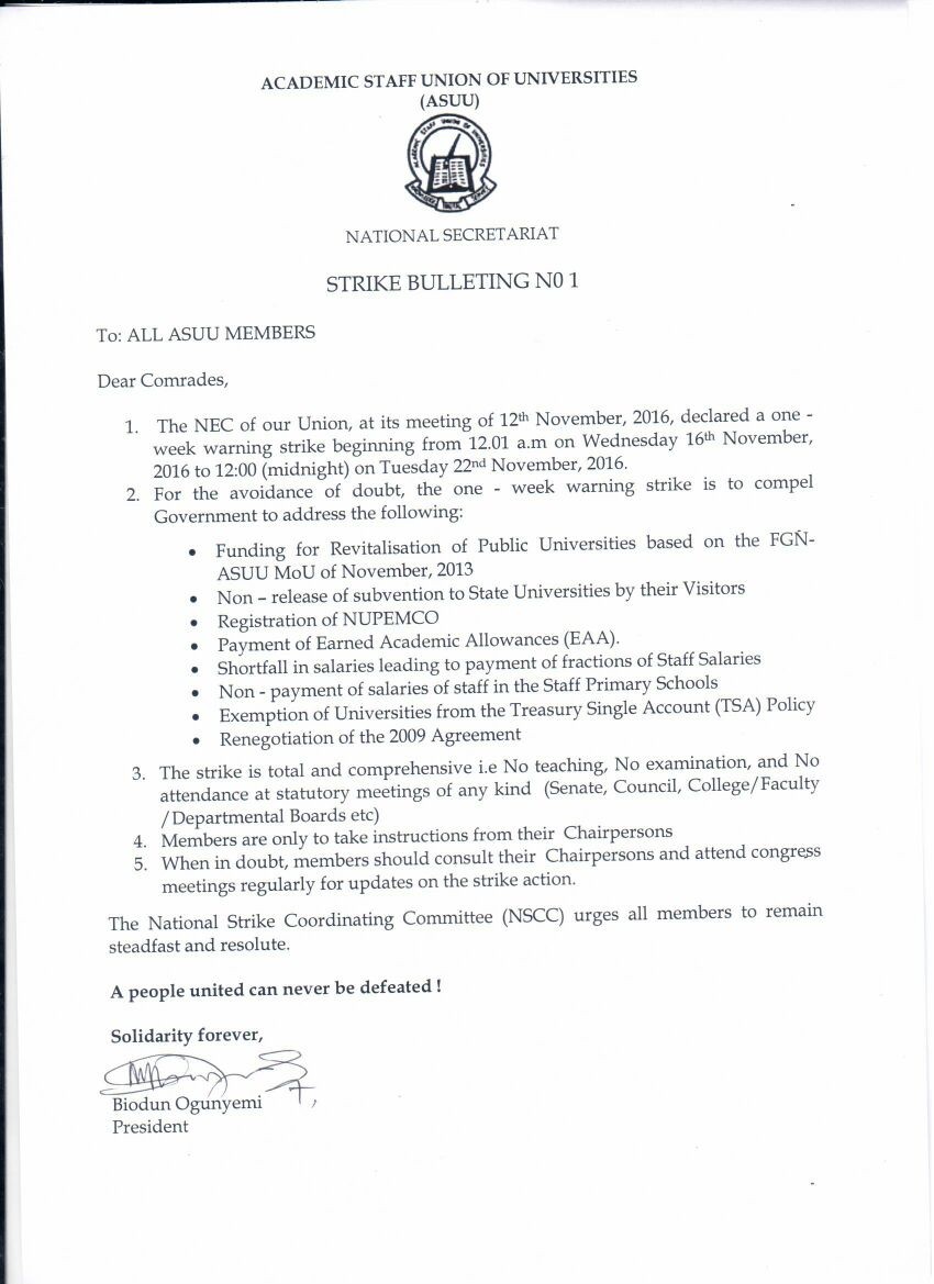 Just In: ASUU Declares One Week Warning Strike Nation Wide (photo)
