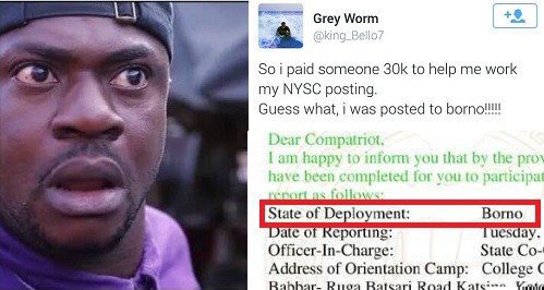 Lol! Twitter User Gets Posted To Borno State After Paying N30k To Influence His NYSC Deployment