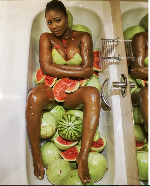 Ghanaian actress Salma Mumin poses naked with fruits strategically placed to cover her modesty as she celebrates her birthday
