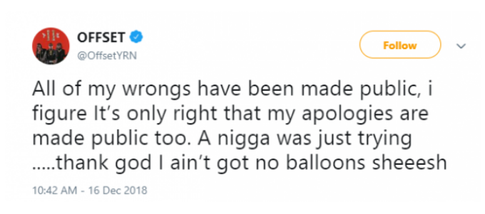 Offset reveals why he went public with his apology to Cardi B